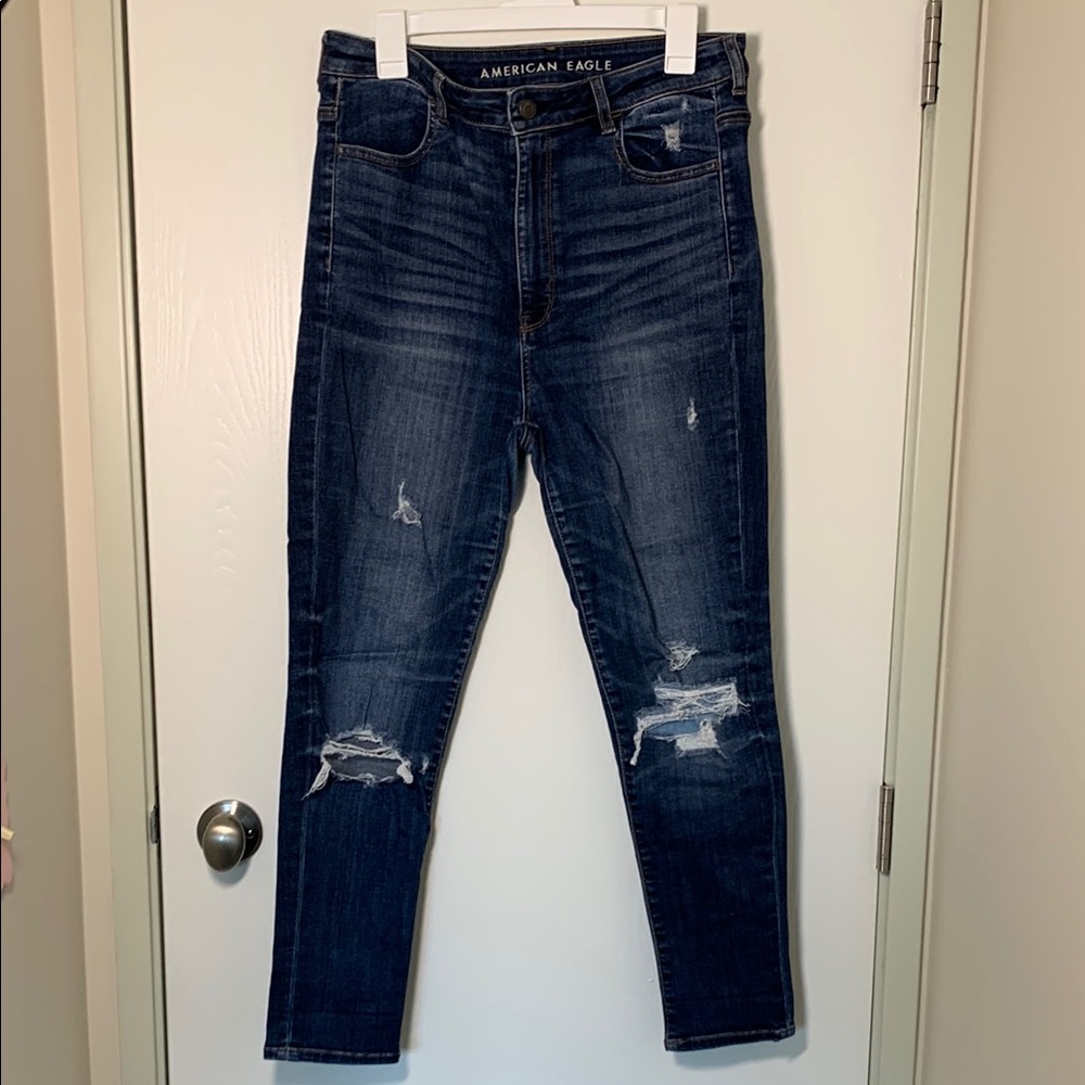 American Eagle Highest Rise Distressed Dark Blue Jeggings